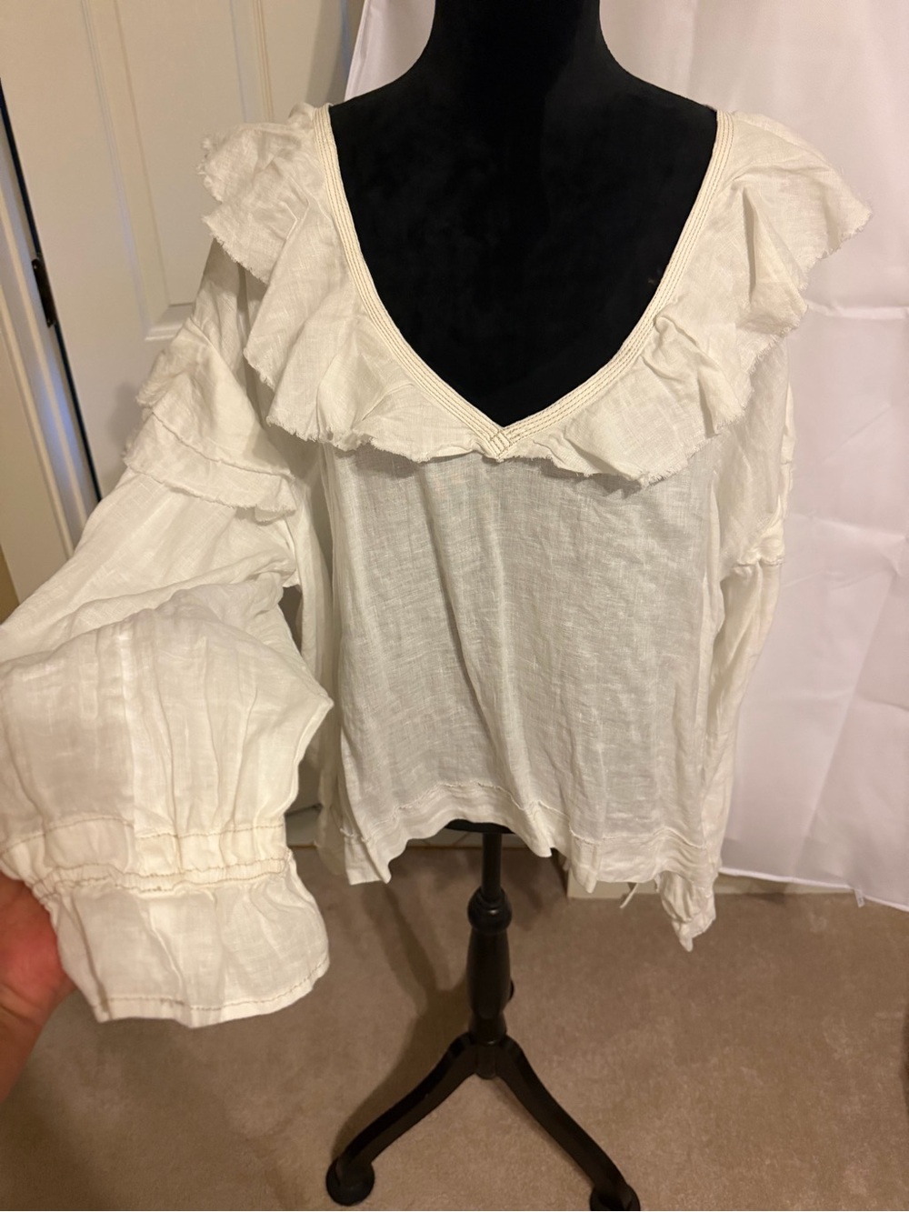 We The Free Cream Ruffle V-Neck Blouse